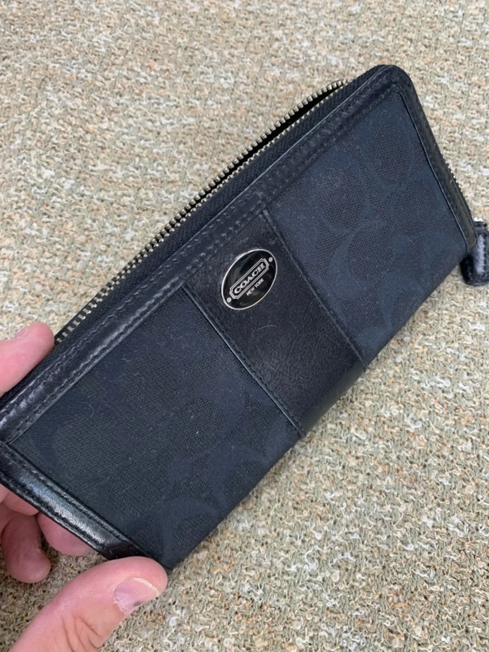 Coach Black Signature Zip Wallet with Logo Plaque